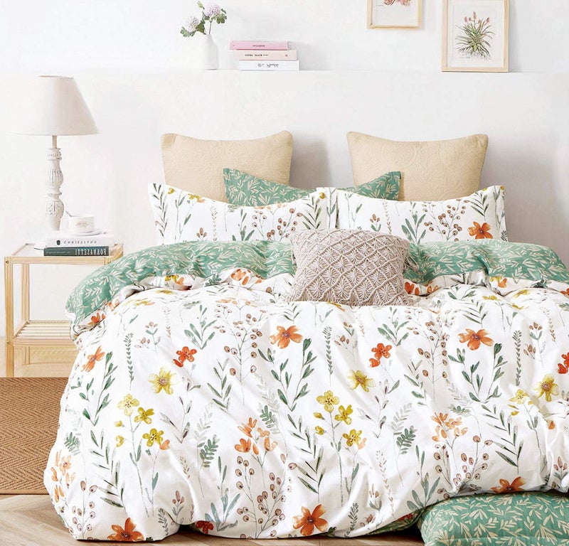 SLEEPBELLA Duvet Cover Queen, 600 Thread Count Cotton 3pcs Bedding Set Yellow Flowers and Green Branches Printed on White Reversible Comforter Cover - Image 1